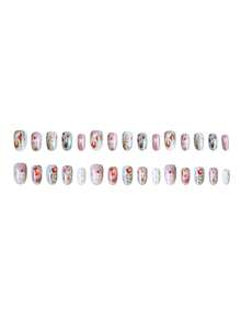 24pcs Medium Almond-Shaped Easter Fake Nails With Cute Rabbit, Strawberry, Flower Patterns, Pink Cake Design, Full Coverage Glossy Acrylic Nails For Women - Multicolor - View 2