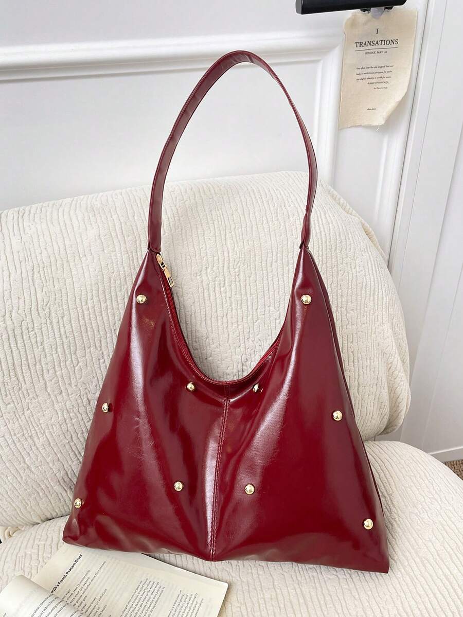 Fashionable Retro PU Leather Rivet Decor Shoulder Bag/Crossbody Bag/Women's Casual Handbag, Suitable For Commuting To Work, Solid Color Bag, Vintage Style Women Bag - Red - View 1