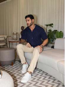 Men's Oversized Textured Knit Shirt - Navy Blue - View 4