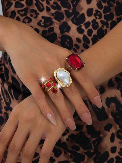 3pcs/Set Vintage Asymmetrical Pearl Rhinestone Rings Set, Fashionable Versatile Baroque Jewelry Suit For Women, Suitable For Daily, Festival, Party Wear