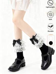 1双洛丽塔多层蕾丝法式中筒袜，白色/黑色蝴蝶结堆袜，芭蕾舞风格日式JK小腿袜 - 彩色 - 查看 1