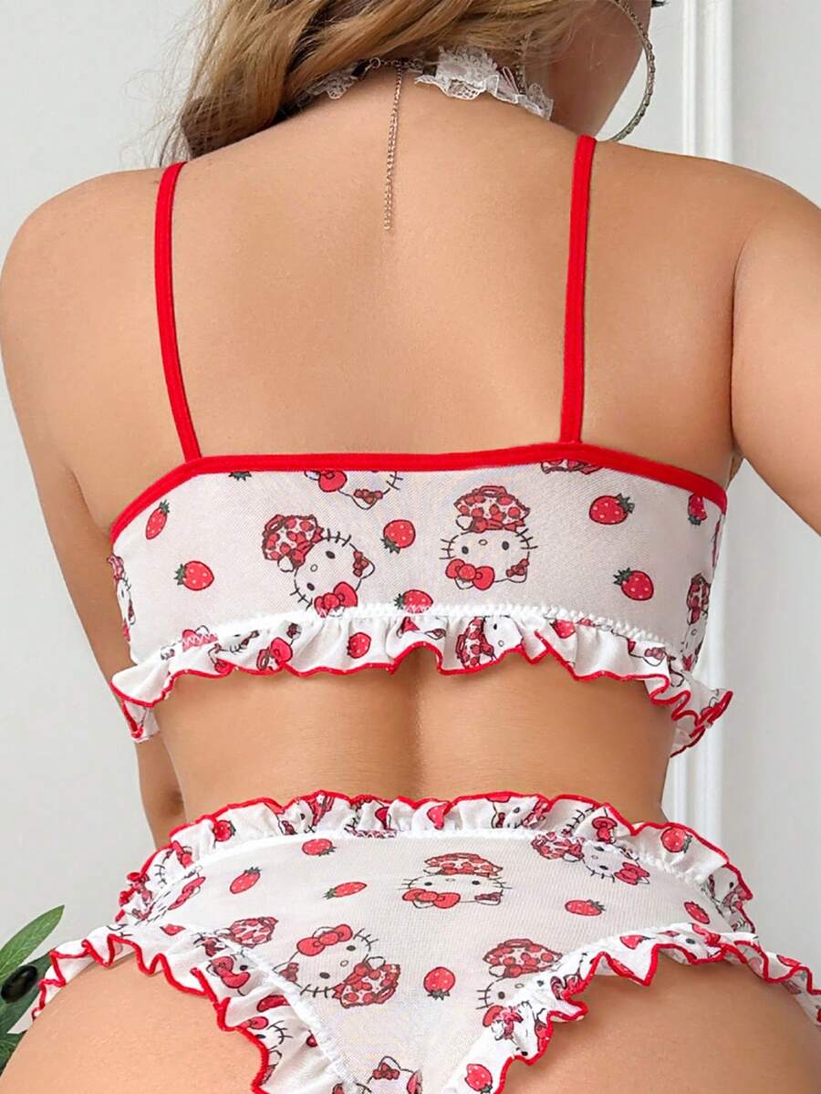 SANRIO 两件套女士红白草莓可爱数码印花睡衣套装，轻薄露背，荷叶边装饰，性感内衣套装 - 紅白色 - 查看 1