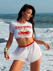 4件套女士高弹力樱桃图案可爱系带比基尼泳衣，甜美水果设计沙滩泳装假日派对夏季度假白色 - 白色 - 查看 8