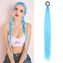 Extensiones de cabello morado de 24 pulgadas con banda elástica, cabello sintético trenzado liso para peinados de trenzas y coletas DIY - Multicolor - Ver 17