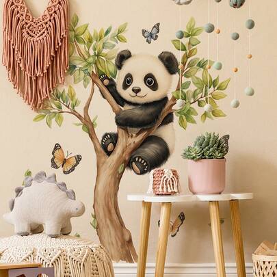 1pc Watercolor Panda Climbing Tree Wall Sticker, Cute Panda With Butterfly Wall Decal, Self-Adhesive Removable Wall Art, Suitable For Children's Bedroom, Nursery, Playroom, Easter Decoration