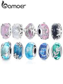 bamoer 1个925纯银可爱粉色蝴蝶穆拉诺玻璃吊坠，搭配蓝色雪花珠，适合DIY手链，圣诞礼物 - 銀色 - 查看 1