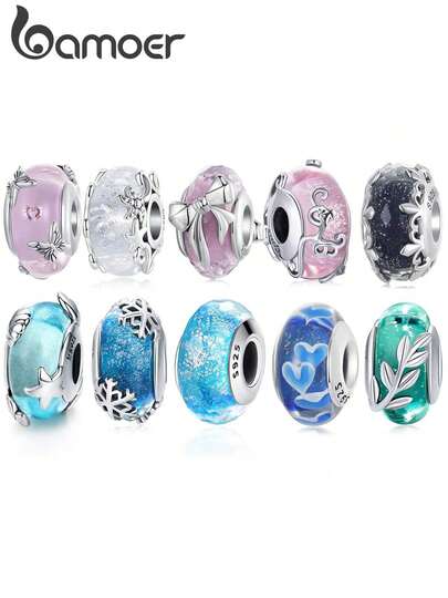 bamoer 1个925纯银可爱粉色蝴蝶穆拉诺玻璃吊坠，搭配蓝色雪花珠，适合DIY手链，圣诞礼物