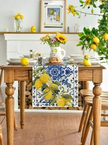 1pc Lemon Blue & White Ceramic Table Runner, Suitable For Spring Kitchen, Dining Table, Family Gathering, Available In Multiple Sizes - Blue - View 4