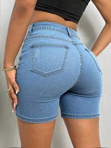 Women's Summer Casual Cat Whisker Decor Elastic Skinny Denim Shorts, Slim Fit, Suitable For Vacation, Beach, Concerts, Music Festivals, Cowgirl Looks - Rửa trung bình - Xem 2