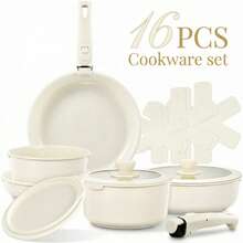Set di pentole con manico rimovibile, set di pentole e padelle in ceramica antiaderente, set di pentole da 16 pezzi, set di pentole, set di pentole da cucina, adatto al forno, per tutti i tipi di fornello, impilabile - Bianco - Visualizzare 2