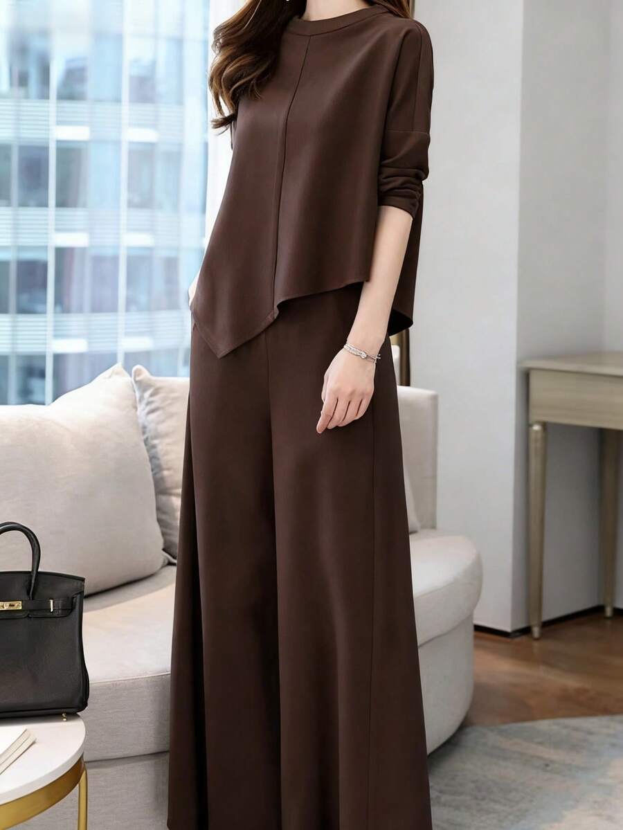2026 Spring New Minimalist Asymmetrical Two-Piece Set – Flowy Waist-Cinching Top + Wide-Leg Trousers, Elegant Modern Luxury Women's Suit - 咖啡棕 - 查看 1