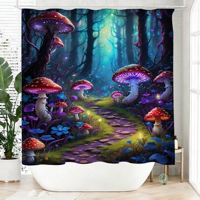 1pc Mushroom Forest Shower Curtain, Cartoon Style, Made Of Polyester, Waterproof, Non-Shading, Suitable For Home And Bathroom Decor, Comes With 12 Hooks