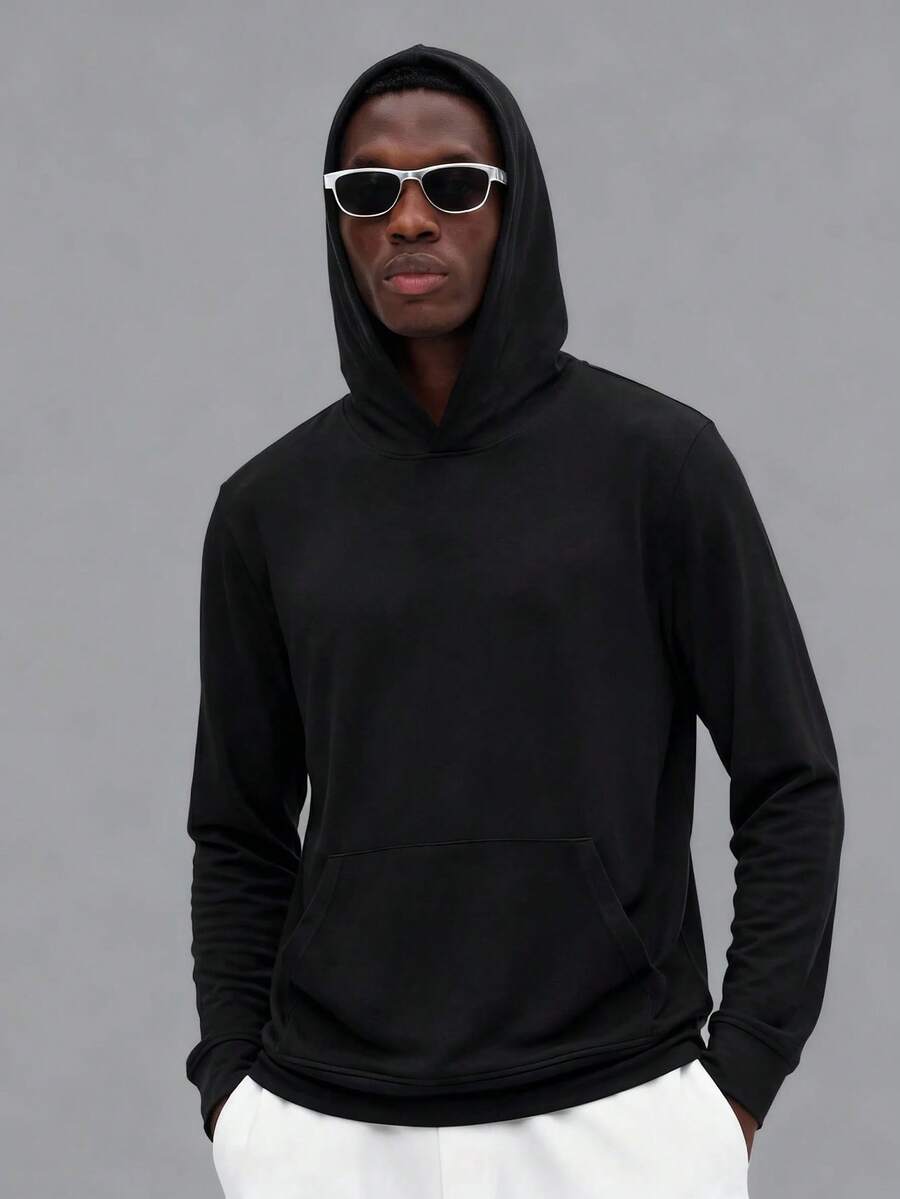 Voidago WHITE SHARK Men's Casual Sporty Everyday Commute Minimalist Versatile Thin Breathable Cool Feeling Black Hoodie, Spring & Autumn - Black - View 1