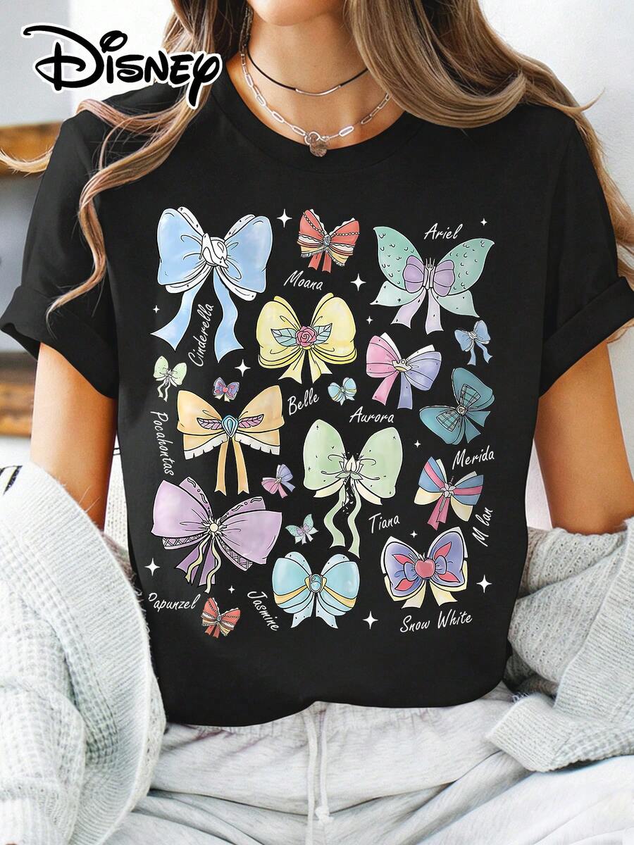 Disney Official Authorization | Women's Street Casual Short-Sleeve T-Shirt, Featuring Exclusive Bow Prints Of Multiple Princesses Including, Belle, And . The Hand-Painted Watercolor Design Ensures Each Bow Corresponds To The Iconic Elements Of One Princess. Made Of Opaque Fabric, It Is Machine Washable, Versatile For Daily Casual Wear, And Suitable For Spring And Summer. - Black - View 1