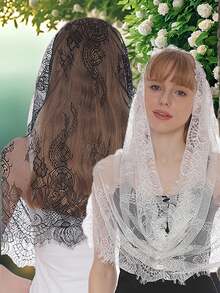 1pc Women's Fashion Lace Embroidered Printed Veil, Black & White Mosquito-Proof Sunscreen Shawl, Suitable For Wedding, Party - Multicolor - View 4