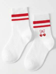 1 Pair Children's All-Season Parallel Bar Red Socks, Printed With Heart, Cherry, Bow Elements, Minimalist Casual Versatile, Suitable For Daily Wear - Multicolor - View 2