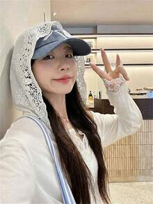 2026 Spring/Summer New Women's V-Neck Long Sleeve Top, Elegant Casual Sweet Minimalist Street Style, Delicate Lace Hollow-Out Patchwork Craftsmanship, Soft White Textured - White - View 3