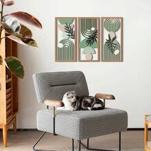 1set Fresh Green Wooden Rectangular Wall Decoration Sign, Geometric Hollow Lines And Plant Leaf Splicing Triple Decoration, Modern Art Home Entrance Background Wall Decoration, Natural Style Indoor And Outdoor Wall Art Decoration, Home Decoration (DIY Paste) - Multicolor - View 4