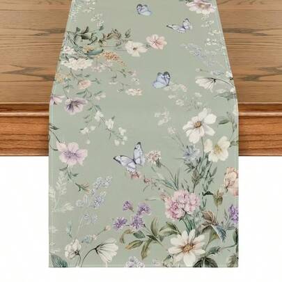 1pc Green Wild Flower & Leaf Plant Print Table Runner - Multiple Sizes (13x35.4/47.2/63/72/78.7 Inches) Rectangular Dining Table Decor, Suitable For Summer Kitchen, Wedding, Farmhouse Style And Spring Party