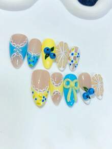 10片Y2K短款杏仁形手工按压式美甲贴片，多巴胺3D柠檬蓝莓图案，亮黄色蝴蝶结格纹设计，清新夏日度假风假指甲套装；美甲用品，自制美甲，DIY按压式美甲贴片，美甲艺术，亚克力假指甲；适合派对、日常佩戴、婚礼；送给女性和女孩的绝佳礼物；包含1片果冻胶和1个迷你指甲锉。 - 彩色 - 查看 3