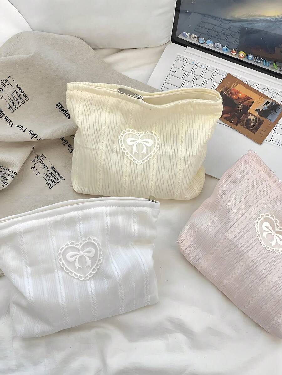 Bow Heart Embroidered Makeup Bag, Polyester Cosmetic Pouch With Zipper Closure, Large Capacity Travel Organizer, Beige And White (Pink) - Multicolor - View 1