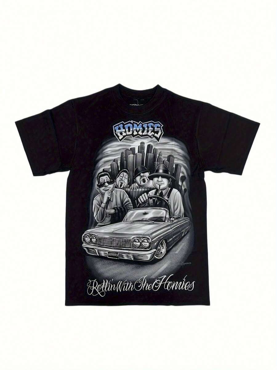 Bombers Rollin With The Homies Grayscale Graphic Men & Vintage Convertible Car Retro Street Art Lowrider Style Black T-Shirt - Casual Crew Neck Cotton Summer Tee - Black - View 1