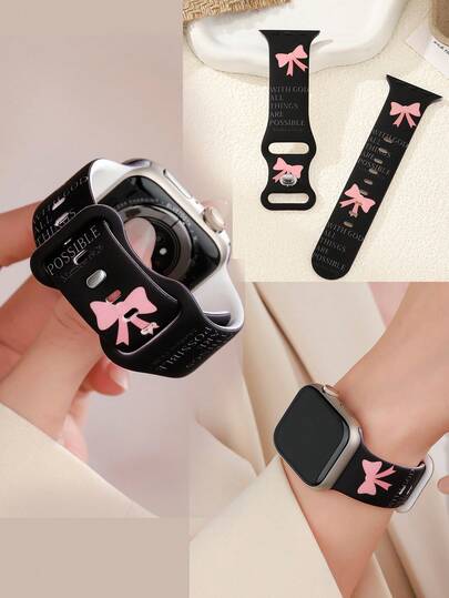 1 pieza Correa de reloj de silicona con lazo rosa para mujer, correa deportiva con eslogan impreso lindo compatible con Apple Watch Band Strap 38/40/41/42/44/45/46/49mm, se adapta a Watch Series 11 Ultra 2/S10/9-1/SE, regalo perfecto de cumpleaños y Acción de Gracias Accesorios de reloj inteligente