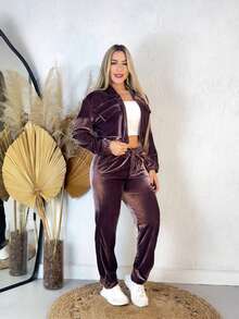 Women's Crystal Velvet Set With Hood And Zipper, Pants With Pocket, Cold Weather, Autumn/Winter - Rust Brown - View 1