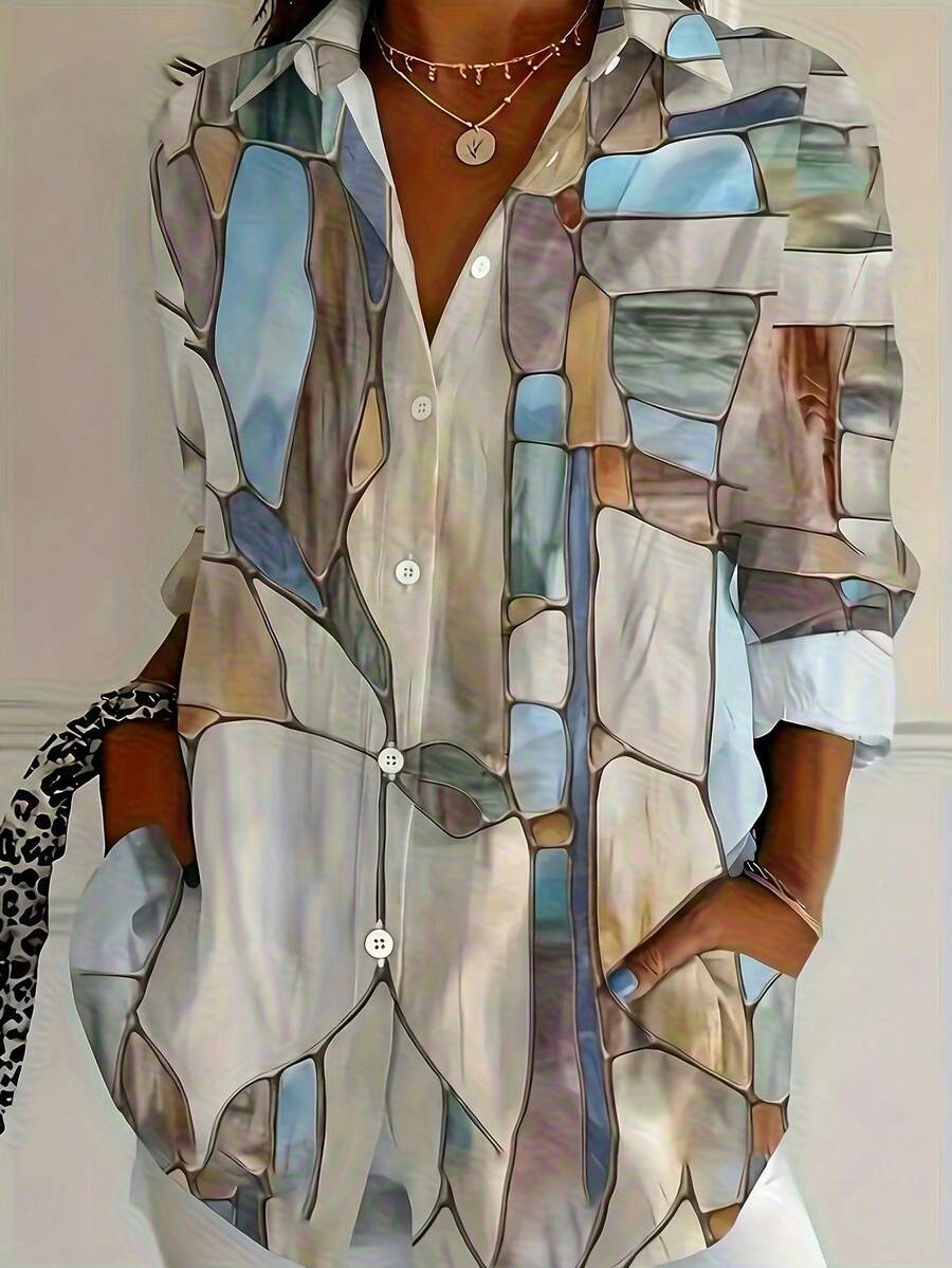 撞色印花纽扣衬衫，波西米亚复古优雅特别版女士印花长袖衬衫，夏季女士休闲宽松长袖衬衫，适合所有季节，白色春季款 - 白色 - 查看 1