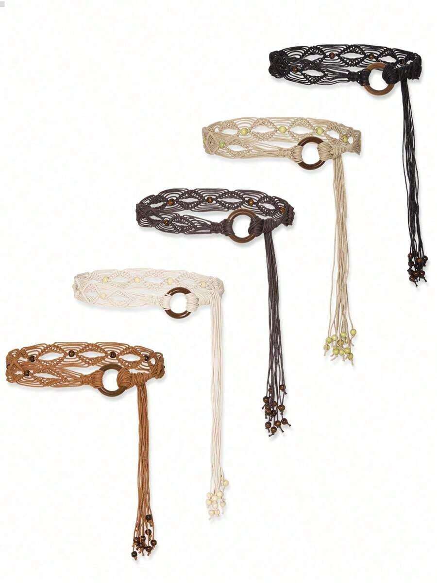 Spring And Summer Fashion Multi-Color Bohemian Retro Style Wax Rope Handmade Wooden Circle Braided Hollow Belt With Dress Belt Summer, School Fall, Autumn, Halloween - Multicolor - View 1