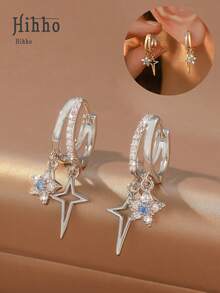 Hihho 1 Đôi bông tai khoen tròn hình chữ thập và sao băng đính đá Cubic Zirconia sang trọng tối giản, mạ vàng, bản rộng, thiết kế độc đáo dành cho công sở/tiệc tùng. - Sao băng chữ thập - Xem 7