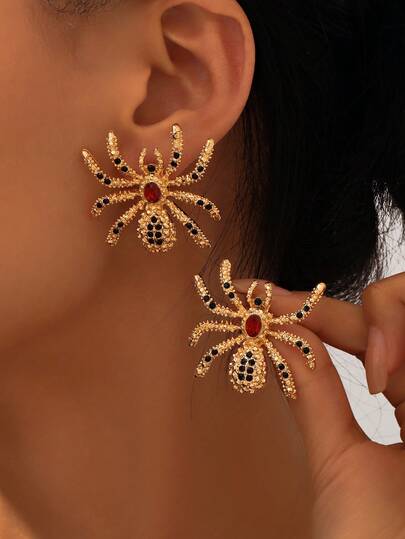 1 Pair Creative Unique Exaggerated Black Diamond & Red Spider Earrings Accessories