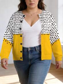 大码女式上衣，大码毛衣，波点拼接针织开衫，复古波点撞色图案，适合日常通勤、休闲外出，复古风格 - 彩色 - 查看 9