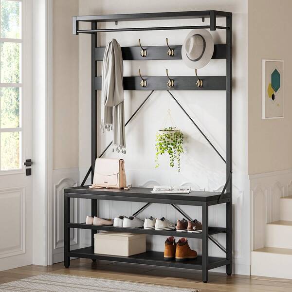 Perchero Grande de Entrada y Recibidor, Perchero con Banco y Almacenamiento para Zapatos,Industrial con Barra para Colgar y 8 Ganchos, para Recibidor o Pasillo, 102*40*183 cm