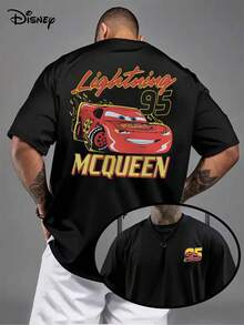 Disney Official Licensed Vintage Wash Lightning McQueen 95 Flame Print 220g Cotton Crew Neck Tee - Black - View 1
