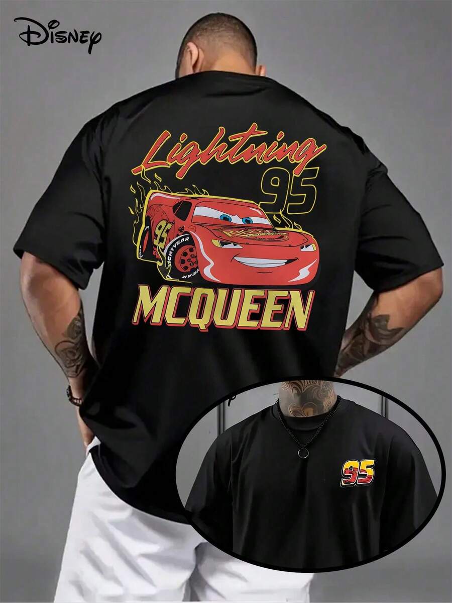 Disney Official Licensed Vintage Wash Lightning McQueen 95 Flame Print 220g Cotton Crew Neck Tee - Black - View 1