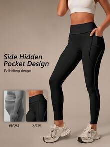 NcmRyu 1pc Women High Waist Side Pocket Topstitching Design Sports Pants - Black - View 2