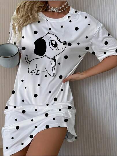Women's Cute Pug Polka Dot Print Nightgown - Soft Polyester-Spandex Blend Short Sleeve Sleepwear Dress, Comfortable All-Season Loungewear, Machine Washable, Opaque Round Neck Fabric