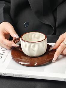 1 Set Asymmetrical Textured Ceramic Coffee Cup & Saucer, Latte Art Cup, Elegant Home/Office Latte, Tea Cup, Valentine's Day, Mother's Day, Thanksgiving Gift, Fashionable Gift For Coffee Lovers - Multicolor - View 9