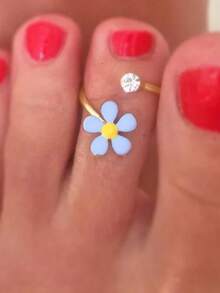 1枚精致简约方形水钻花朵可调节金属脚趾环，可爱风格，适合作为礼物，海滩度假 - 彩色 - 查看 6