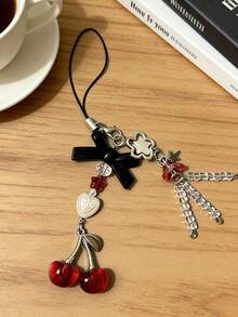 Móc khóa điện thoại hình nơ anh đào dễ thương, làm thủ công, đính hạt, phụ kiện hình ngôi sao tình yêu và sứa, phong cách Y2K độc đáo, dây đeo, phụ kiện túi xách - Đỏ - Xem 6