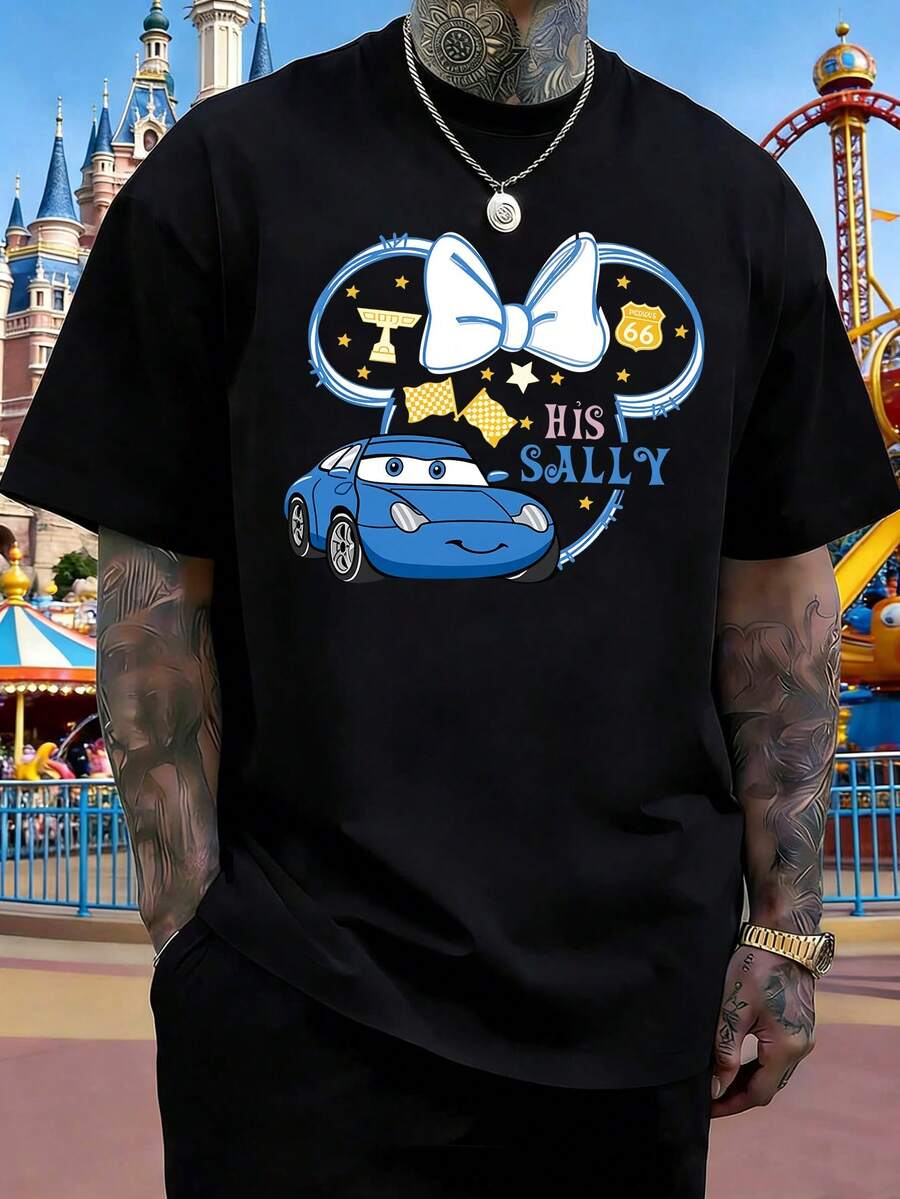 Disney Sally Racing Minnie Mouse Butterfly Pattern T-Shirt, Casual Loose Round Neck Short-Sleeved Top, Unisex, Couple's Outfit, Suitable For Outings, Outdoor Sports, Parties, Dates, Men's Clothes. - Black - View 1