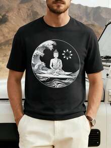 Maglietta Grafica Buddha Wave Sun Mandala In Morbido Cotone, Street Hip-Hop, Comoda, Resistente, Design Grafico - Black - View 2