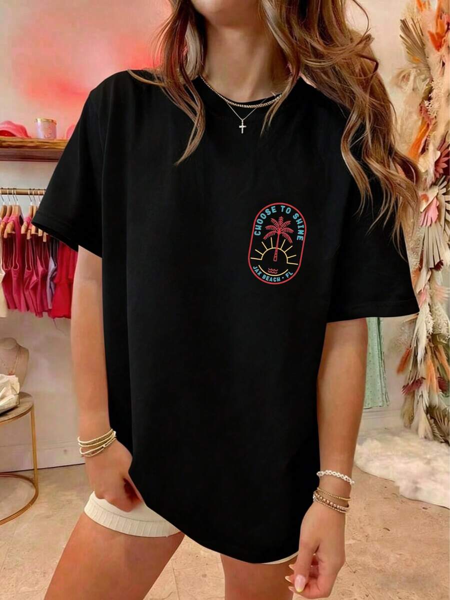 Womens Y2k Coconut Tree Oversized Shirts Tops Coconut Tree/Letter Print Short Sleeve Round Neck Loose Fit Tee Shirt Summer Vintage Aesthetic Baggy Tee - 黑色 - 查看 1