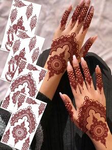 4张海娜花卉临时纹身贴纸，红棕色海娜曼陀罗花蕾丝图案性感防水人体彩绘纹身，适用于手部、手臂、背部、节日、派对、日常佩戴 - 棕色 - 查看 12