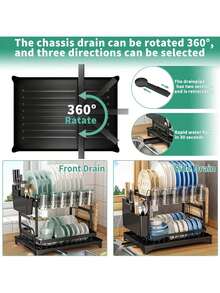 双层厨房碗碟晾干架，带沥水板，金属材质，节省空间，带餐具和杯架 - 查看 5