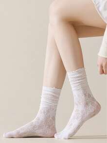 1/3 Pairs Women's Lace Trim Thin Summer Socks, White Breathable Mesh Hollow Out Crew Socks - Multicolor - View 11