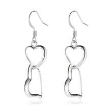 Women's Fashionable Silver-Plated Double Heart Shaped Long Earrings - Silver - View 4