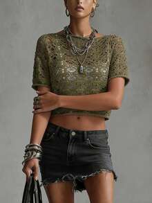 Olive Green Hollow-Out Short Sleeve Cropped Knit Top, Y2K Baddie Style - Olive Green - View 3