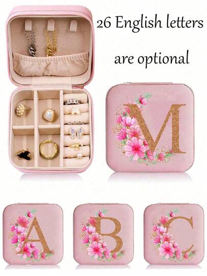 1pc Pink Floral Jewelry Box, Valentine's Day Gift, Jewelry & Accessory Storage Box. A-Z Initial Printed Luxury PU Leather Jewelry Organizer Box, Large Capacity Multi-Layer Travel Jewelry Case, Gift For Mom And Girlfriend